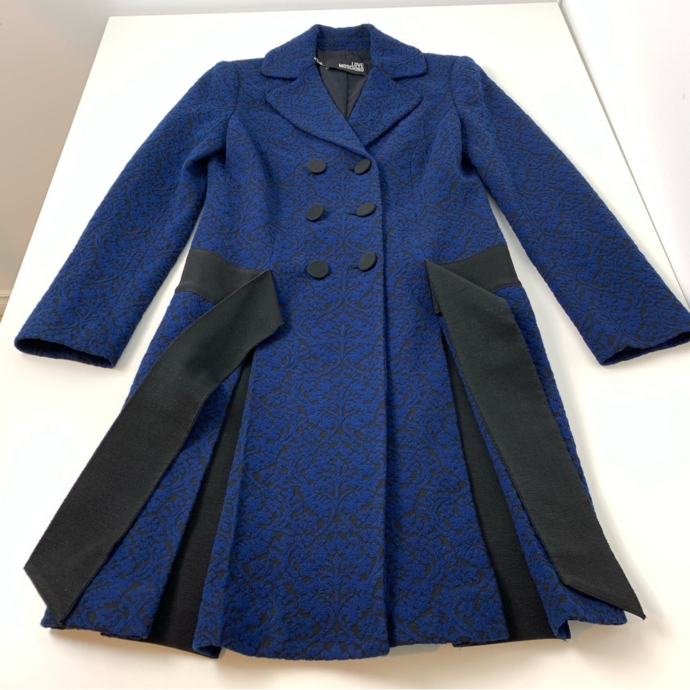 Love Moschino Jacket Blue Black Textured Sz 4 Belt Italy Quiet Luxury Elegant - Picture 5 of 14